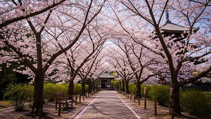 Pink Sakura Tunnel Path to Historic Japanese Pagoda in Full Spring Bloom.