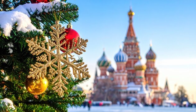 Christmas Tree Ornament Snowflakes Red Baubles St Basils Cathedral Moscow. - Powered by Adobe