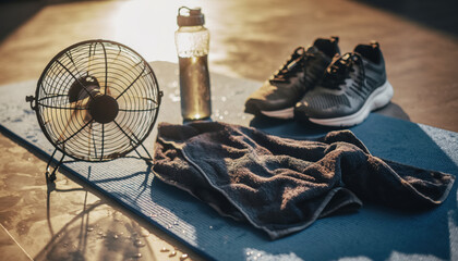 Portable fan cooling off essential workout gear. moment of post exercise fitness recovery from heat with shoe and towel on mat, expressing sense of relief