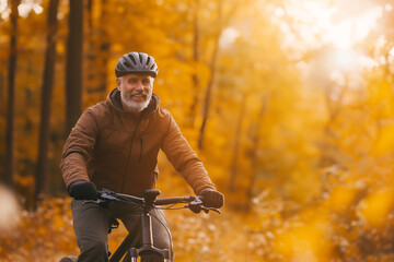 Naklejka premium Man riding bicycle in autumn forest during golden hour