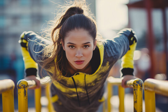 Focused woman exercising on parallel bars, wearing yellow and gray sportswear, outdoor fitness, determination and strength, urban playground, healthy lifestyle, morning workout
