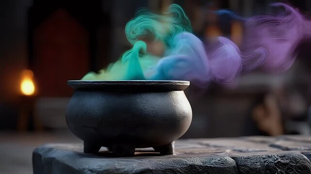 Mystical cauldron with colorful smoke erupting outdoors
