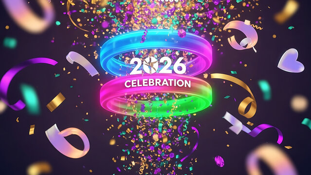 Vibrant 2026 celebration with confetti and ribbons