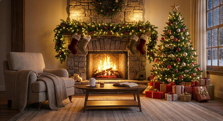 Fototapeta premium Festive Christmas Home Decor with Fireplace and Wrapped Gifts
