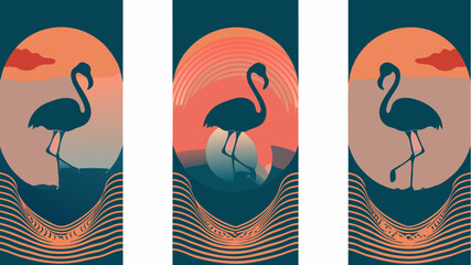 Elegant flamingo art print evokes tropical vibes, perfect for modern home decor or summer themed designs with its serene and calming mood and vector origin