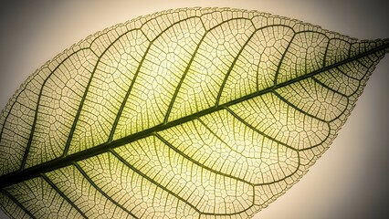 Obraz premium A macro shot of a single translucent leaf where the veins appear like frosted glass illuminated from behind. Soft gradients, botanical minimalism, high-detail organic textures, perfect 