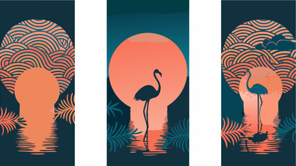 Stunning sunset flamingo art for elegant tropical designs, evoking peaceful paradise vibes, perfect for modern wall art, digital prints, and serene backgrounds