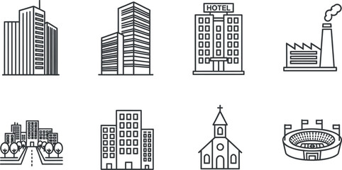 Urban architecture line icon collection: buildings, city, church, stadium