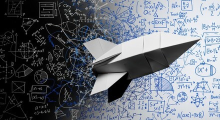 Innovation imagination creativity inspiration discovery paper origami rocket over chalkboard with math equations and diagrams evoking excited curiosity