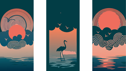 Tranquil flamingo art print set for peaceful home decor, stylish sunset scene with birds and water, serene nature illustration, calm coastal vibe