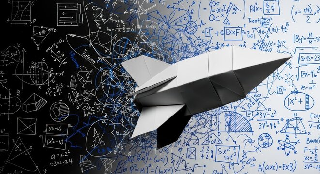 Innovation imagination creativity inspiration discovery paper origami rocket over chalkboard with math equations and diagrams evoking excited curiosity