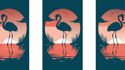Elegant flamingo silhouette at sunset, creating a serene and calming tropical vibe, perfect for travel posters, nature blogs, and sophisticated designs
