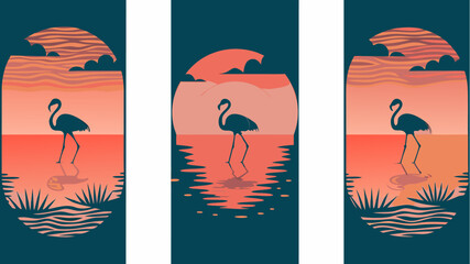 Serene flamingo silhouettes reflect in the calm water at sunset, perfect for travel posters, coastal decor, or peaceful nature designs, originally vector