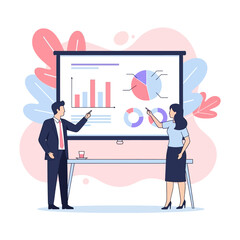 Man and woman presenting charts on a whiteboard with decorative leaves and a cup on a table in front