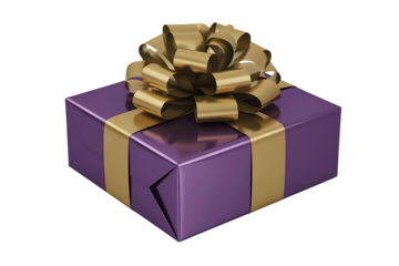 Purple gift box with gold ribbon and bow isolated on transparent background