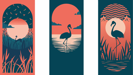 Elegant flamingo silhouettes at sunset, tranquil nature scenes in modern minimalist style, perfect for branding, posters, or calming wall art prints