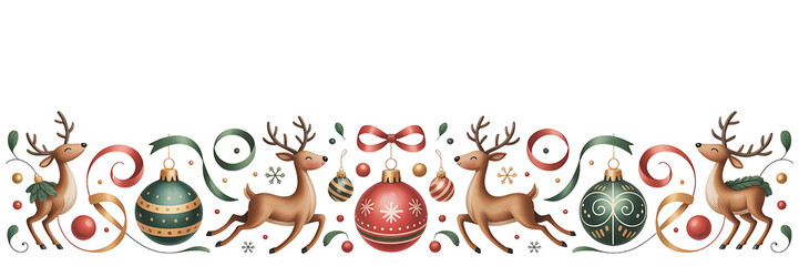 Watercolor christmas border with reindeer and ornaments isolated on transparent background