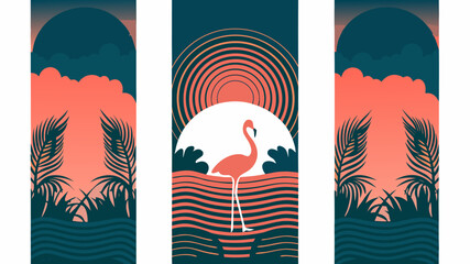 Stunning flamingo art piece with tropical palm trees and vibrant sunset, perfect for stylish wall art prints and eye-catching summer decor themes