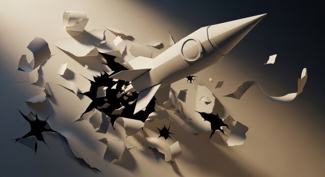 Rocket paper tear burst launch breakthrough dynamic motion torn sheet fragments conveying energetic momentum and creative breakthrough in dramatic studio lighting