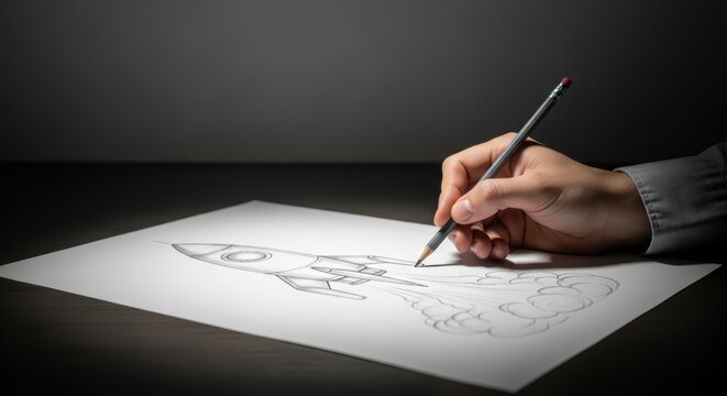 Rocket pencil hand paper A hopeful creator to draw a rocket concept on paper with careful shading conveying excitement and ambition for a future launch