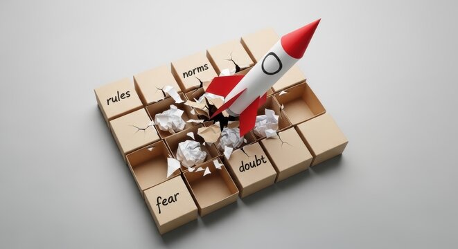 Rocket rules norms fear doubt breaking through cardboard boxes representing bold innovation and liberation from limitation conveying energetic determination