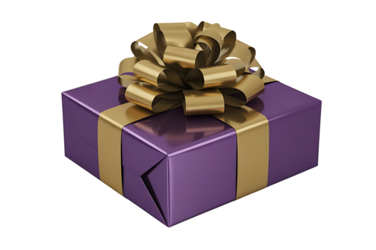 Purple gift box with gold ribbon and bow isolated on transparent background