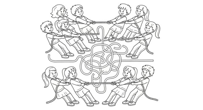 Coloring page of children playing tug of war with a tangled rope maze in the center of the image