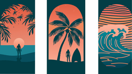 Serene beach vibe artwork showcasing three tropical scenes with surfers, palm trees, and waves, embodying relaxation and adventure with warm sunset tones