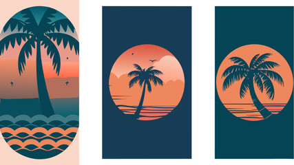 Tropical sunset paradise with palm trees, evoking summer vibes and island escapes, perfect for travel posters, beach promotions, and vacation designs, originally vector