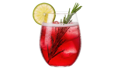 Isolated red cocktail with lime and rosemary garnish in glass refreshment, no background