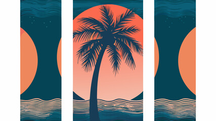 Tropical escape featuring a stylized palm tree against a vibrant sunset and ocean waves, perfect for summer vibes and relaxing vacation themes