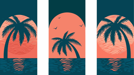Dreamy tropical sunset with palm trees and ocean waves, perfect for summer vibes and vacation getaways, originally a scalable vector graphic