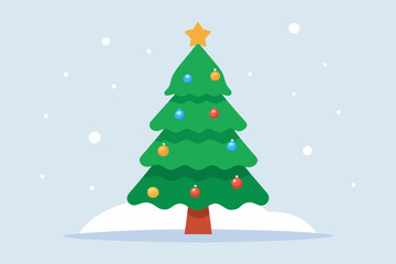 Obraz premium Cartoon christmas tree with snowflakes and ornaments on a light blue background