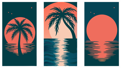 Tranquil tropical island sunset scenery featuring palm trees and reflections, perfect for vacation vibes, travel blog, or summer promotion design