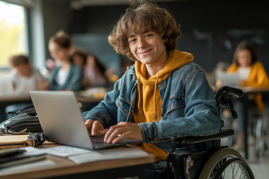 Young student smiles while working on laptop in classroom setting