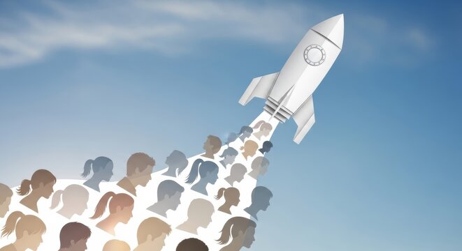 Teamwork leadership success ambition collaboration innovation crowd silhouettes forming rocket exhaust lifting a rocket into blue sky evoking inspiring collective achievement