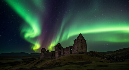 Abandoned castle under northern lights and starry sky
