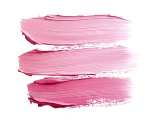 Three distinct swatches of pink cosmetic product show texture and varying shades.