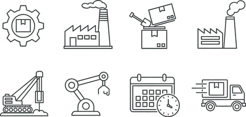 Modern industry, logistics, and supply chain outline icons set