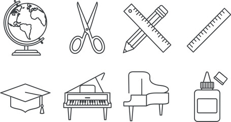 Education, music, and craft supplies simple line art icons set