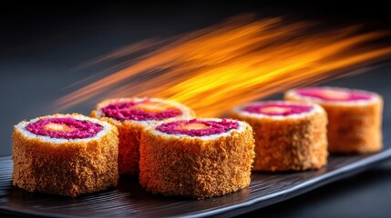 Close-up of freshly prepared sushi rolls arranged on a black plate, with artistic lighting in the background.