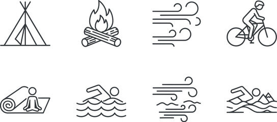Outdoor adventure and sport activity line icons collection set