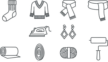 Line art icons for fashion, crafts, and domestic household items set