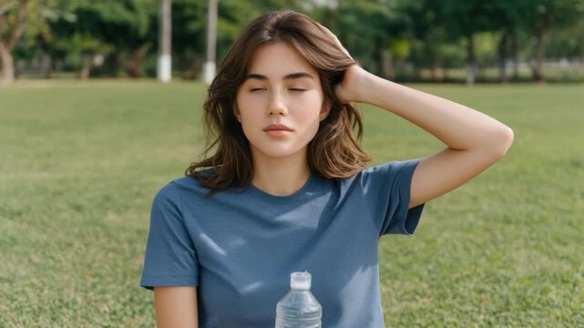 Young woman relaxing in park on a sunny day, enjoying nature and reflecting on life while sitting on grass with water bottle 4k video footage