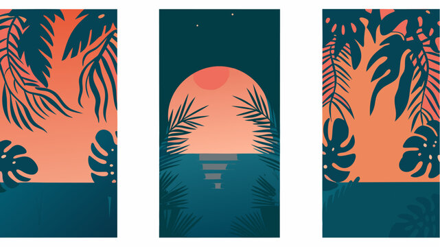 Tropical sunset triptych, a serene escape to paradise with palm leaves framing ocean horizon, ideal for travel posters, vibrant summer promotions, relaxing vacation vibes