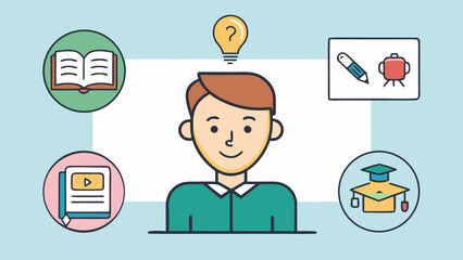 Cartoon student with idea bulb and educational icons around
