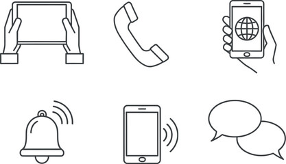 Digital communication icons: devices, calls, messages, notifications.