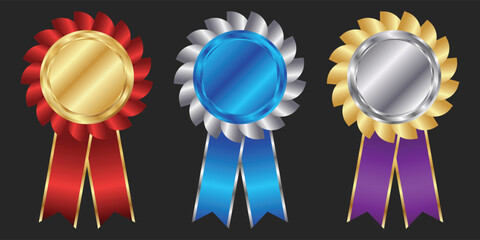 Blank Award Ribbon Badge Collection in Gold, Blue, and Silver with Glossy Metallic Finish for Certificate and Achievement Design Vector