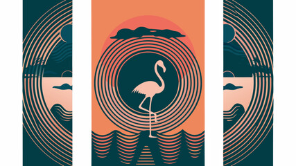 Exotic flamingo on the beach at sunset, a tropical vacation vibe with retro stylized waves and sun illustration, perfect for summer prints and designs