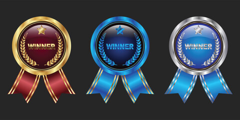 Winner Award Badge Set in Gold, Royal Blue, and Silver with Glossy Star and Laurel Wreath Ribbon Design Vector